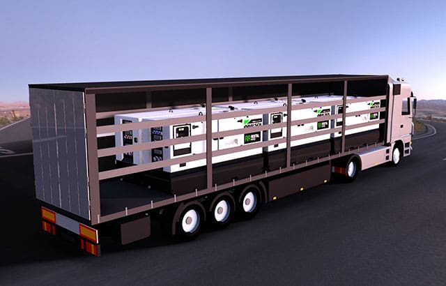 Infographie d’un camion de 40 pieds transportant 6 unités des modèles de groupes électrogènes IRN-165, IVRN-145 et IVRN-165